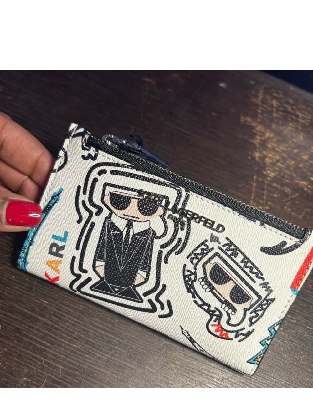Karl Lagerfeld White Graphic Zip Card Pouch with Black and Multicolor Accents